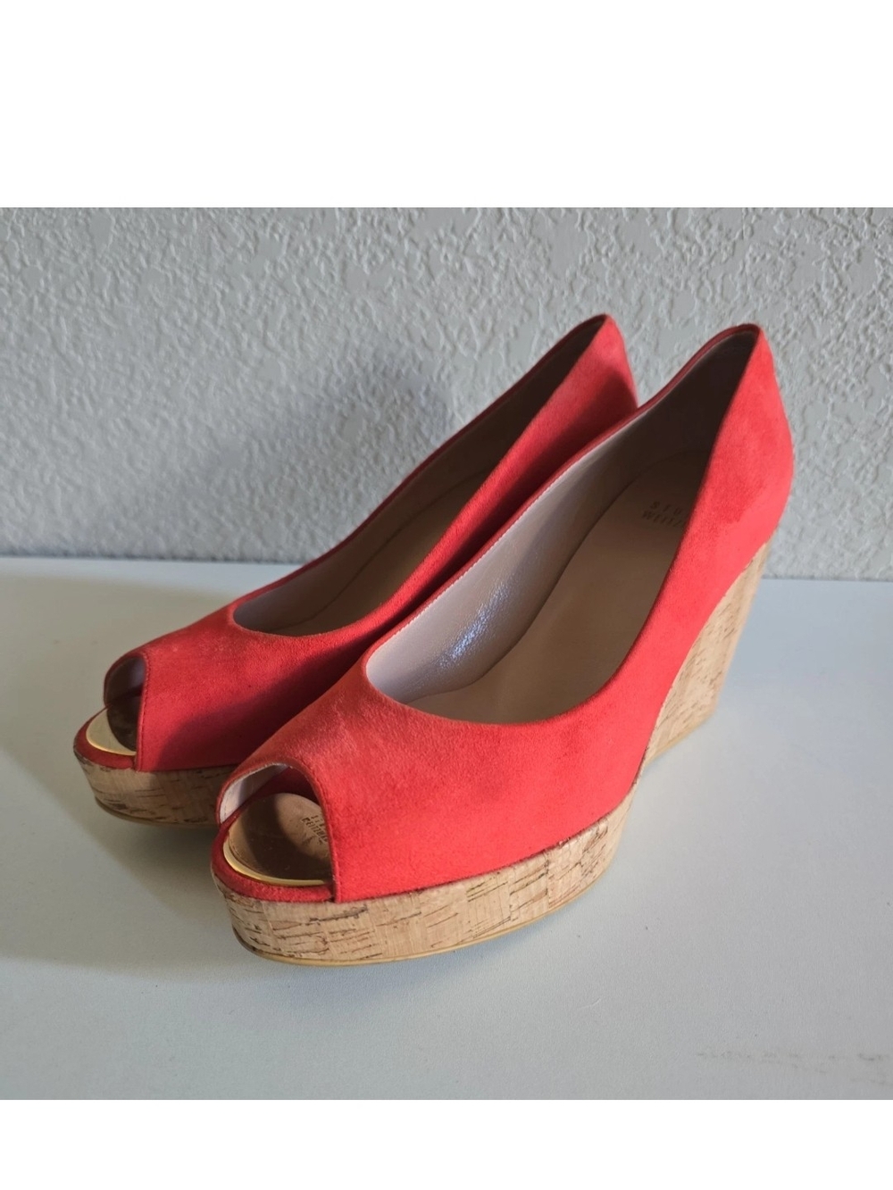 Stuart Weitzman Anna Coral Suede Peep-Toe Cork Wedges Sz 7.5 M